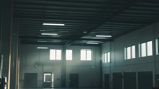 Empty industrial warehouse interior featuring a large open space, high ceilings, multiple windows, and loading dock doors, with sunlight casting shadows on the polished concrete floor