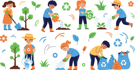 Fototapeta premium People planting trees watering plants and recycling waste cartoon vector set eco friendly gardening and environment protection illustration