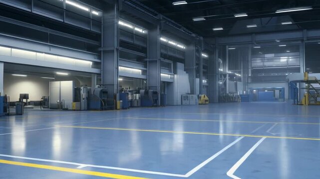 Clean empty manufacturing plant interior with polished concrete floor markings, advanced machinery and bright overhead lighting conveying modern, efficient industrial readiness