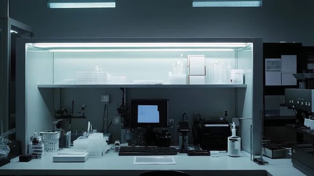 Clean and well lit modern science laboratory workspace featuring advanced testing equipment, computer monitors, and various lab instruments for medical or scientific research