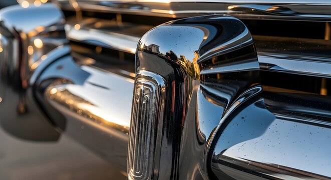 Close-up view of a vintage car front end with chrome grille and bumper on a gray road during golden hour