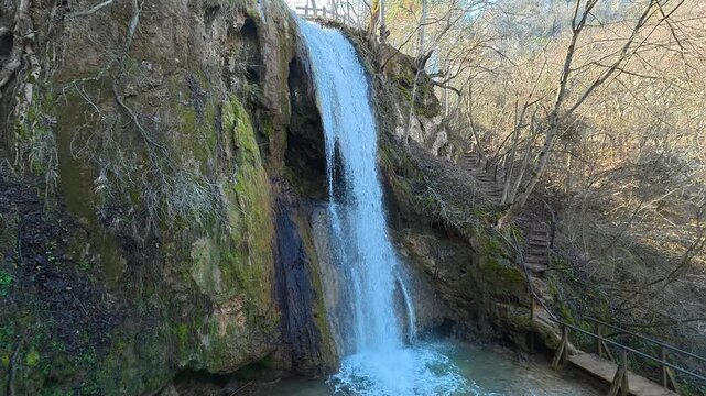 Aerial View Of Waterfall In Forest. Ozren Mountain, Sokobanja region (Ripaljka). Balkans, Serbia.