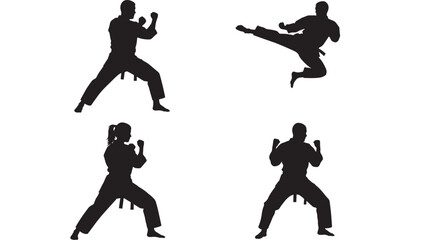 Silhouettes of martial artists in dynamic poses, showcasing karate stances and a high flying kick against a white background © Harry 