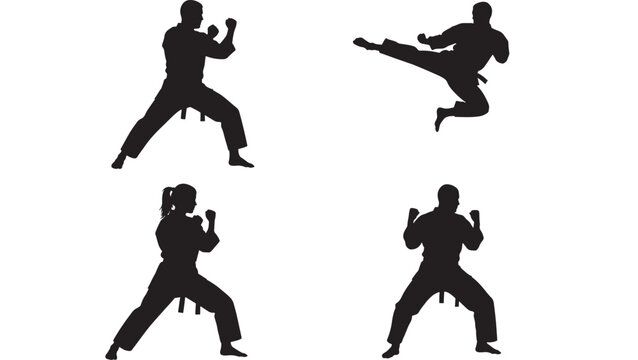 Silhouettes of martial artists in dynamic poses, showcasing karate stances and a high flying kick against a white background