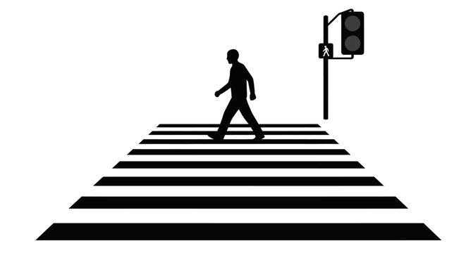 Person crossing street on zebra crossing with traffic light signal on white background