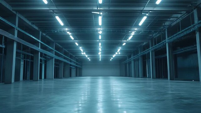 Large empty industrial warehouse interior with a concrete floor and ceiling, illuminated by rows of bright blue fluorescent lights, creating a spacious and minimalist architectural environment