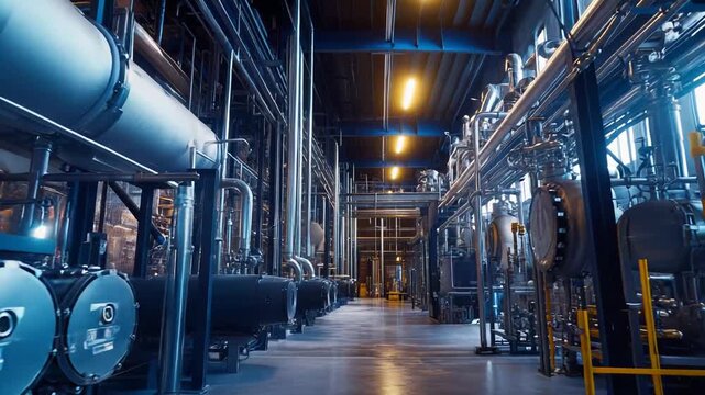 Industrial interior featuring complex networks of stainless steel pipelines, machinery, and equipment, indicating a modern chemical engineering or metallurgy manufacturing process