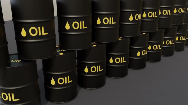 Crude Oil Barrels Animation, Fossil Fuel Industry & Global Energy Supply. Full HD. 4K