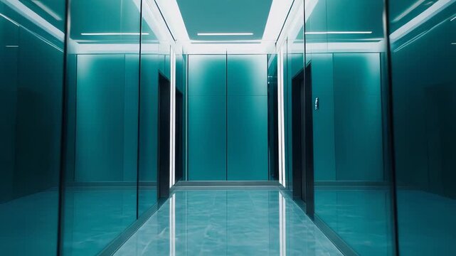 Sleek illuminated office corridor with closed elevator doors, reflective polished floor and teal accents conveying contemporary corporate elegance, high tech design and symmetry
