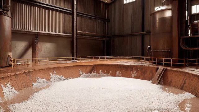 Industrial sugar production plant with large processing machinery, focusing on a deep vat containing white crystalline powder, indicating a raw material or finished product, ready for manufacturing