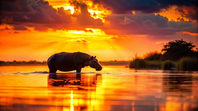Majestic Hippo Silhouette: Untamed Beauty of African Wildlife at Sunset