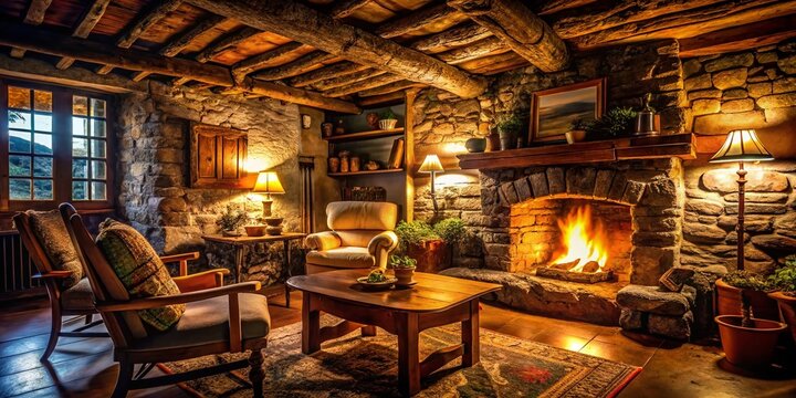 Rustic Cottage Interior Low Light Photography: Warm Glow, Wooden Beams, Cozy Fireplace