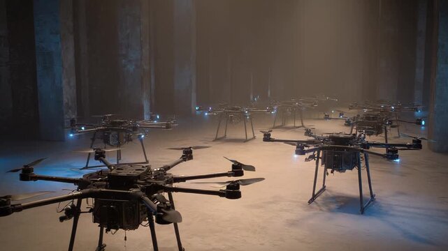 Multiple sophisticated unmanned aerial vehicles resting on a concrete floor in a dimly lit, futuristic industrial setting, indicating surveillance, delivery, or defense technology