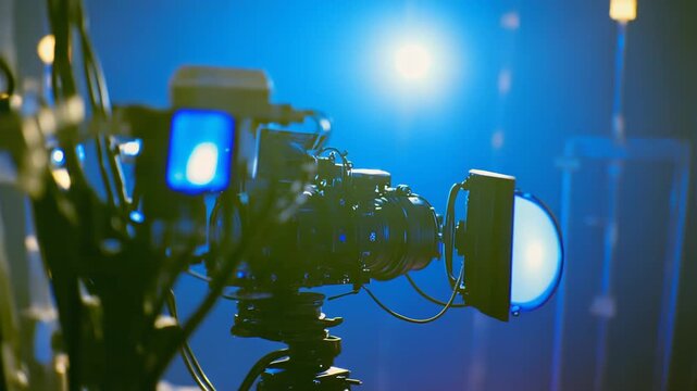 Professional video camera capturing footage on a film set, illuminated by blue lighting, emphasizing the technical aspects of filmmaking and media production