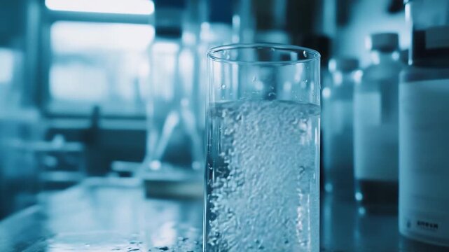 Glass tumbler being filled with cool clear water, splashes and bubbles forming over a wet lab counter, close up of transparent liquid movement in a controlled scientific setting