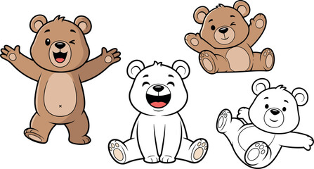 Obraz premium Cute teddy bear cartoon character set with happy sitting and playful poses adorable baby toy animal vector illustration