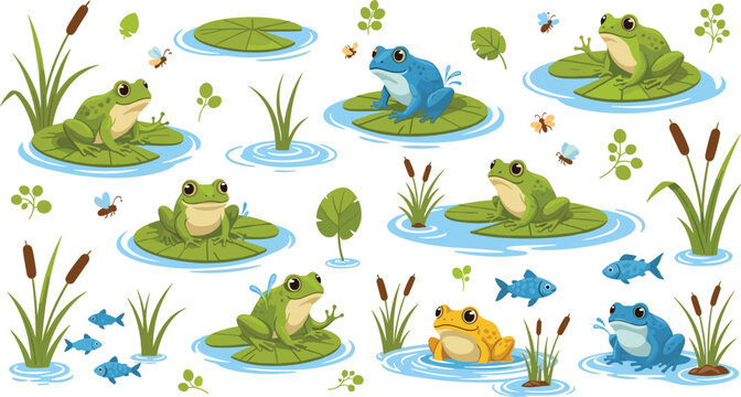 Cute frogs on lily pads set with pond plants, fish and insects, cartoon amphibian characters in water habitat, nature vector illustration collection for kids