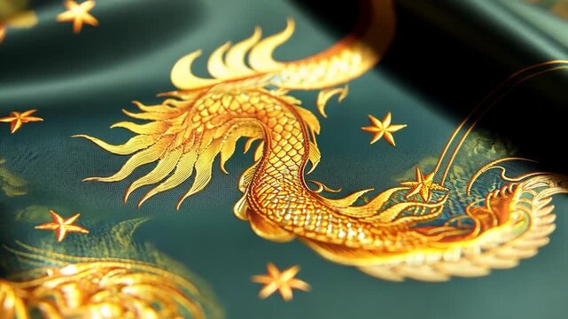 Textured fabric, dark teal, with gold dragon motif