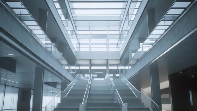 Corporate building atrium featuring a grand staircase, multiple levels, and glass ceiling, creating a spacious and bright interior for business and modern life