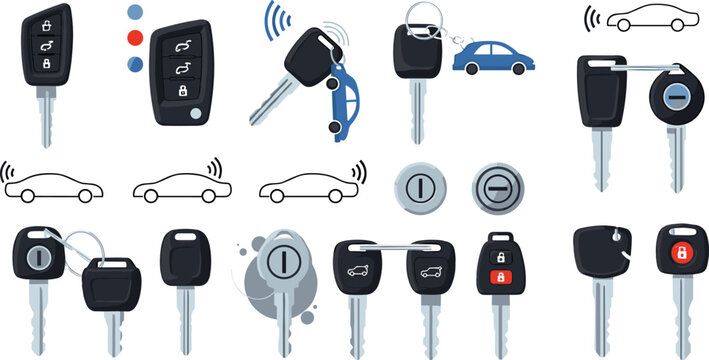 Car keys and remote control set with automotive key fobs, lock and unlock system icons, vehicle security and access technology vector illustration collection