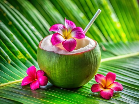 Eco-Friendly Coconut Drink: Refreshing Coconut Water in a Natural Cup with Pink Flowers