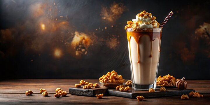 Elegant Caramel Popcorn Milkshake with Crispy Garnish - Silhouette Stock Photo