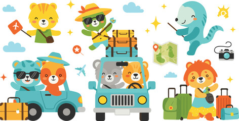 Cute animals traveling set with car, luggage and adventure elements, cartoon safari characters on vacation trip, tourism and holiday vector illustration for kids © Yevhenii creative