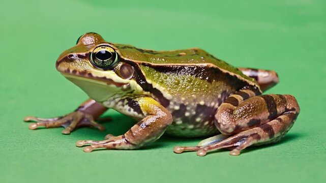 Close-up of a green and brown frog on a green background