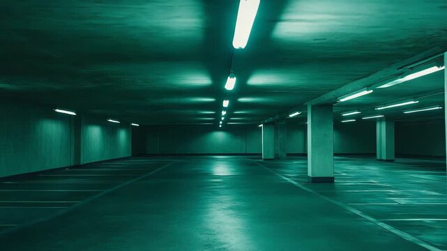 Urban underground parking garage at night with rows of fluorescent lights casting greenish glow over empty concrete bays, long perspective, geometric columns and moody silence