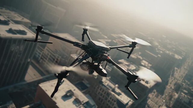 Drone flying high above a sprawling city, capturing an aerial perspective of urban architecture and infrastructure, symbolizing advanced monitoring and future innovations