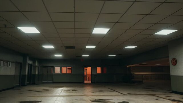 Abandoned large room with fluorescent lights illuminating a desolate tiled floor, creating an eerie and unsettling atmosphere of isolation and psychological distress