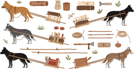 Working Sled Dogs Vector Collection with Traditional Travois Carts, Husky Breeds, Survival Gear, Wooden Tools, and Wilderness Cargo Transportation for Outdoor Adventure Designs © Yousuf