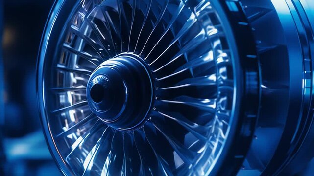 Jet engine turbine reflecting cool blue light, close up of high performance aerospace propulsion component highlighting precision engineering, metallic finish and futuristic tech