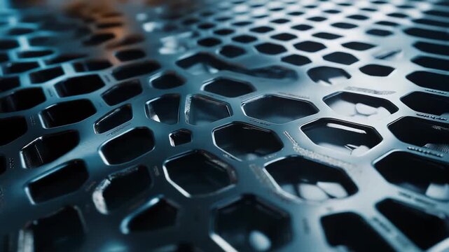 Metallic surface with a complex hexagonal grid structure creating a modern background, symbolizing technology, data, innovation, and connection in a digital environment