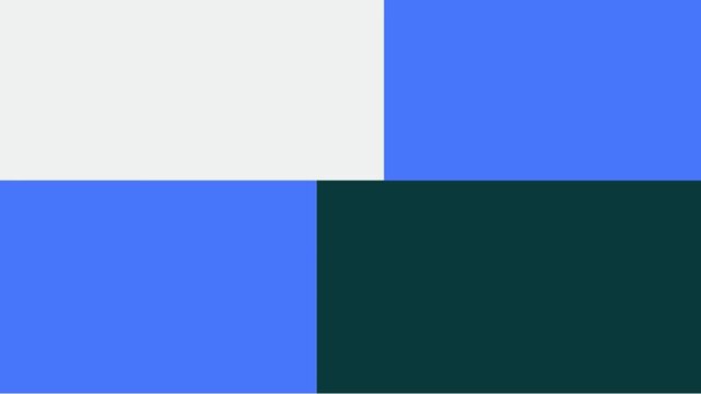 Abstract geometric composition with four distinct color blocks, white, blue, and dark green squares