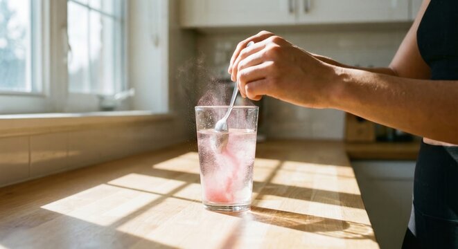 Woman stirring pink electrolyte powder into water glass