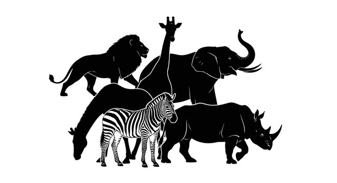 Black silhouettes of savannah animals including lion giraffe elephant zebra and rhino on white background wildlife concept
