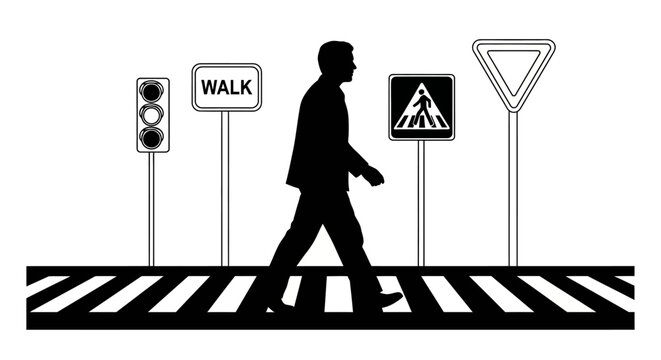 Man walking across a crosswalk with traffic signs
