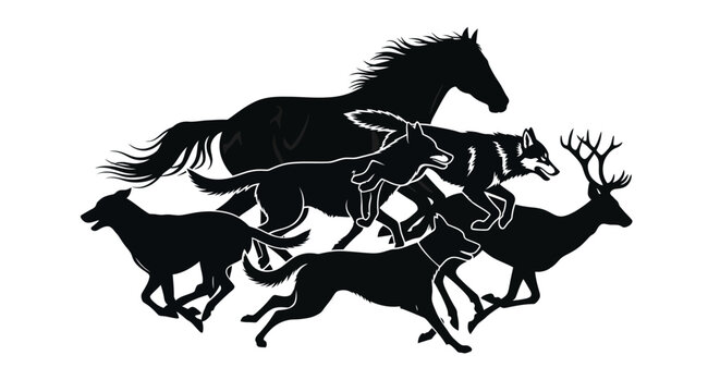 Black silhouettes of horse deer dog and fox running together in unison on white background symbolizing freedom and wildlife