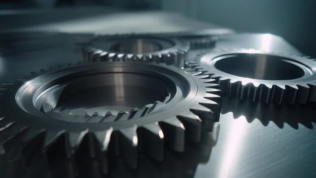 Interlocking metal gears and cogs in close up, symbolizing industrial engineering, precision machinery, teamwork and the connected systems driving manufacturing, progress and innovation