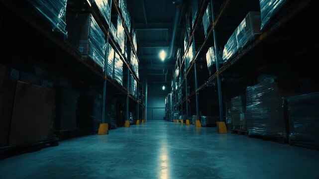 Warehouse aisle view with tall metal shelving racks stretching into the distance, packed with pallets and boxes for inventory and distribution operations