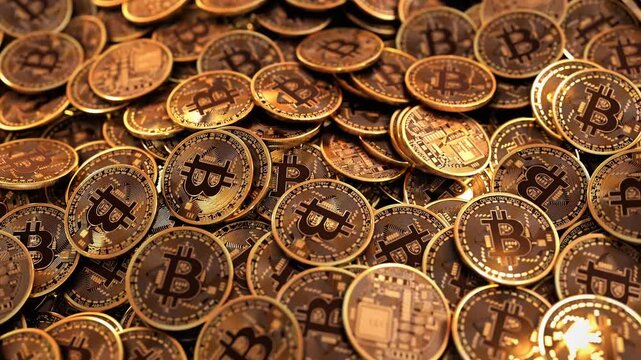 Pile of gold coins with bitcoin symbol lying on surface