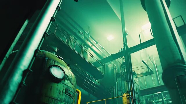 Industrial factory interior featuring large, aged metal tanks, intricate piping systems, and platforms, highlighting a complex production or processing environment under dim, green tinged lighting