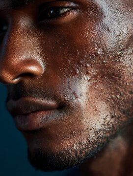Inclusive acne care concept showing realistic skin detail on dark skin tones.