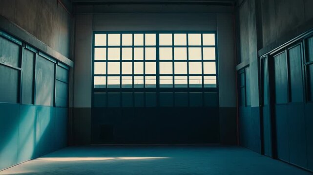 Empty industrial warehouse creating a minimalist and quiet scene with large factory windows permitting natural light to illuminate the concrete floor. Highlighting the raw architecture and urban decay