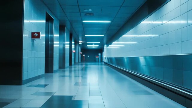 Clean and empty modern hallway creating a sense of direction with bright blue lighting and reflecting surfaces, showcasing contemporary architecture and design