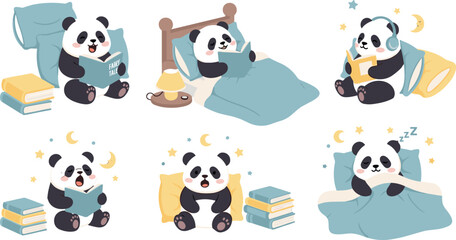 Cute panda daily routine set with reading, sleeping and relaxing activities, adorable cartoon vector illustration for kids bedtime stories, nursery design and children lifestyle concepts © Yevhenii creative