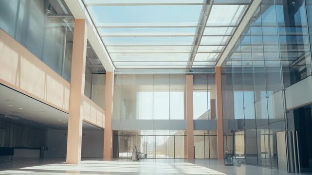 Spacious contemporary building atrium allowing abundant natural light through its glass ceiling and large windows, creating bright reflections on the polished floor