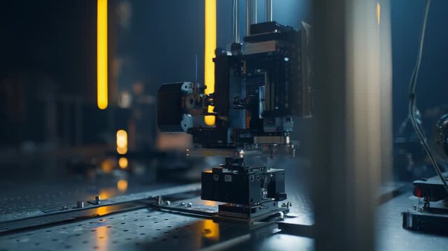 Complex scientific apparatus with optical components and a laser system creating focused beams for advanced experiments in a dark laboratory environment