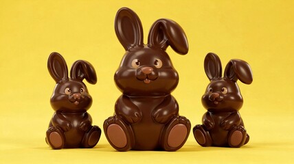 Three cute Easter chocolate bunnies with glossy surface on yellow background, festive template for Easter cards, banners and marketing campaigns